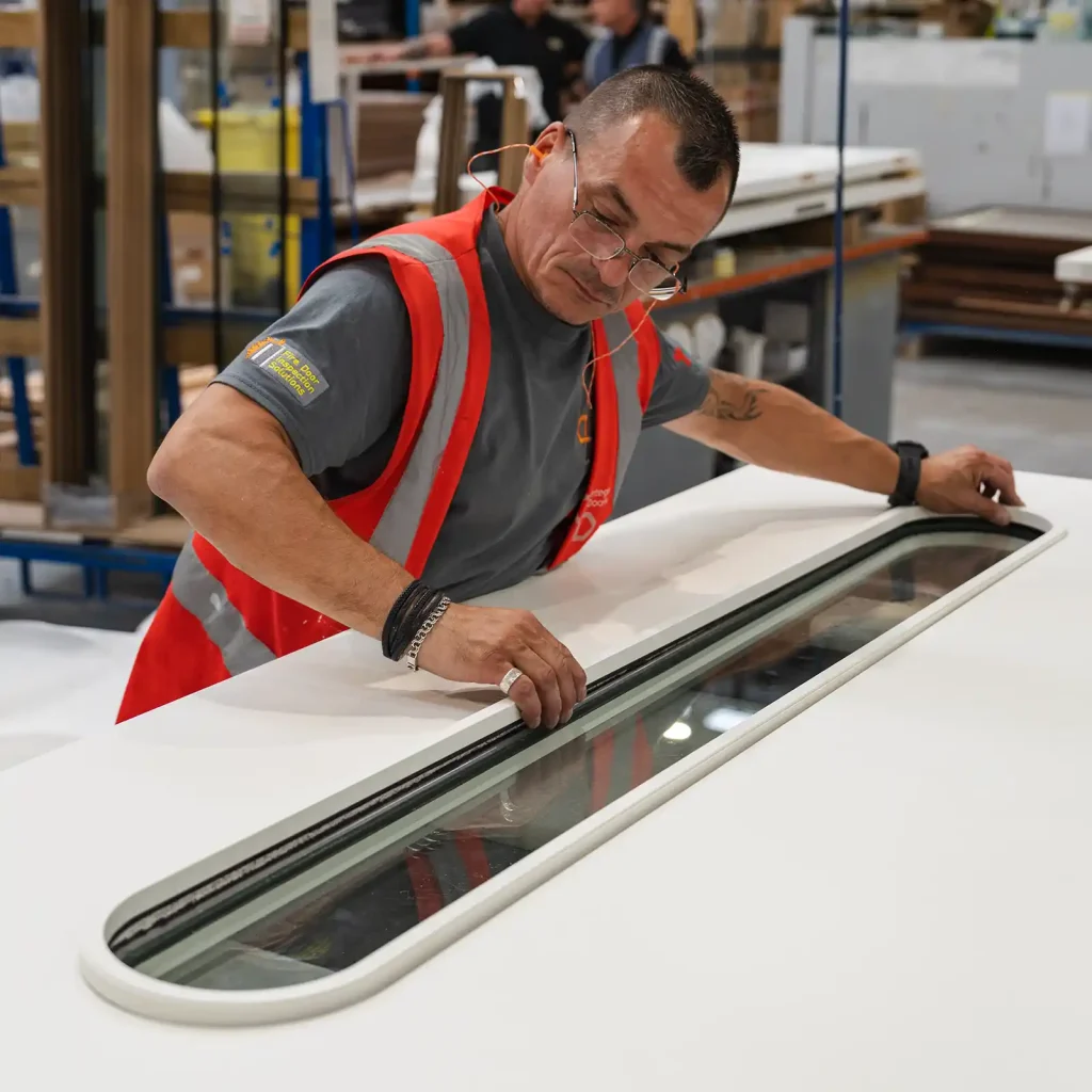 Integrated Doorsets Staff Member Inserting Engineered Lozenge Bead Into Vision Panel